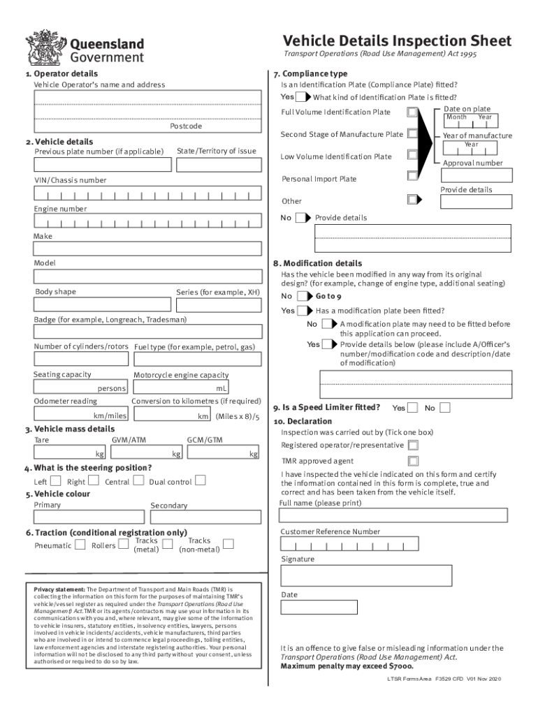  Vehicle Details Inspection Sheet Department of Transport 2020-2024