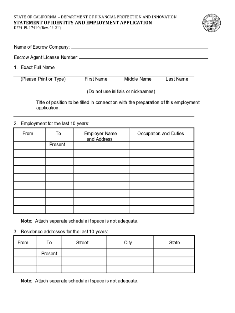 Statement of Identity and Employment Application DBO EL 17419 DBOEL 17419 Rev 5 17  Form