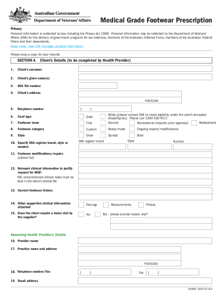  D0688 Medical Grade Footwear Prescription DVA 2020-2024