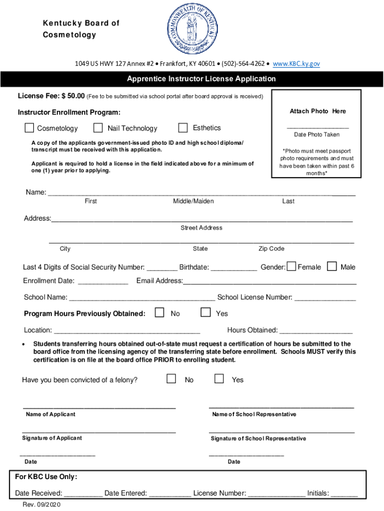 Kentucky Board of Cosmetology Apprentice Instructor License  Form