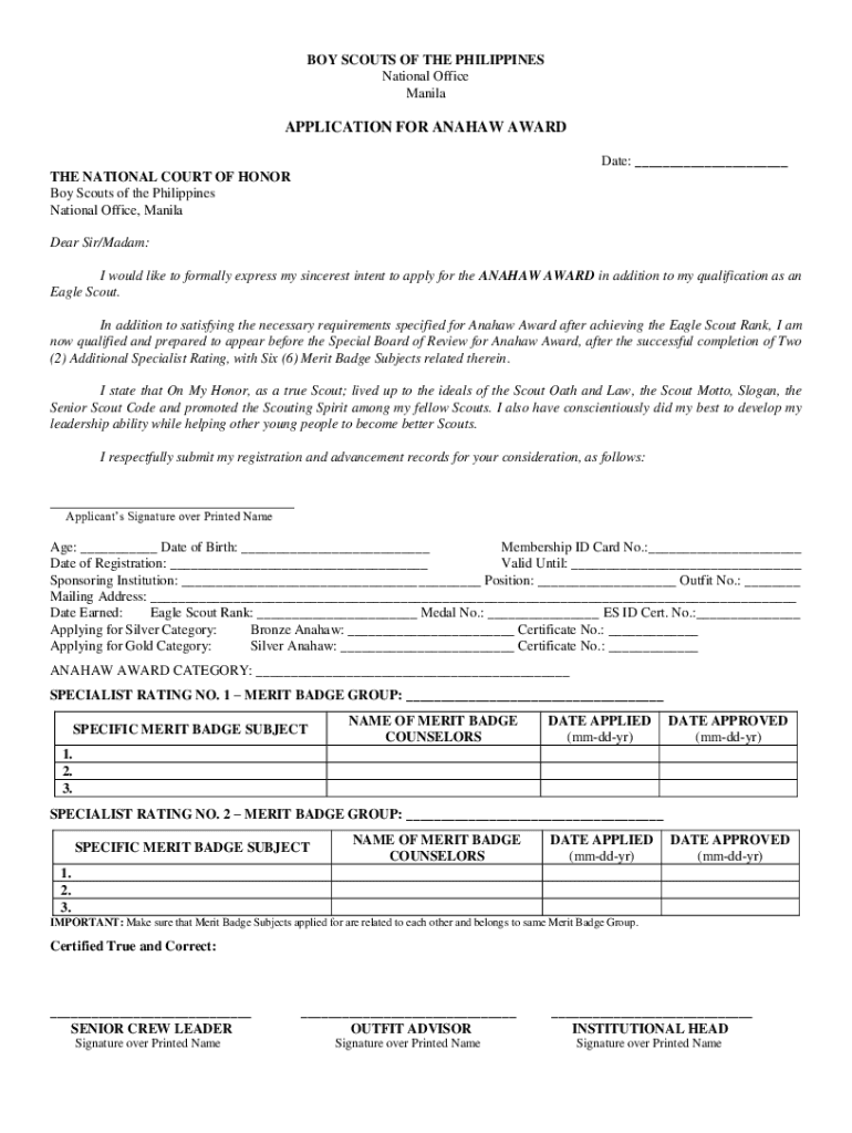 Application for Anahaw Award Boy Scouts of the Philippines  Form