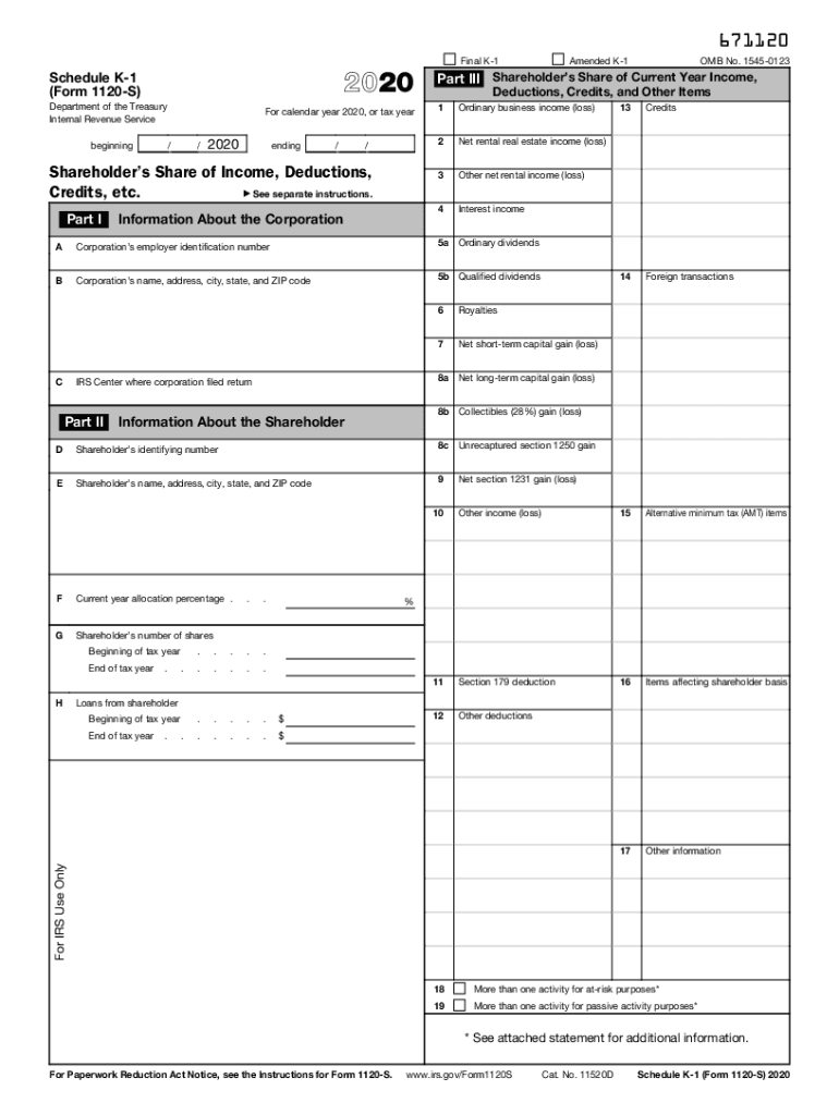  Schedule K 1 Form 1120 S Shareholders Share of Income, Deductions, Credits, Etc 2020