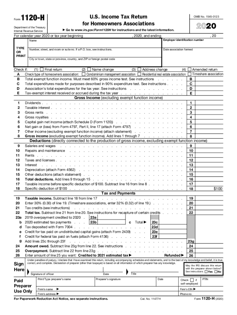  Instructions for Form 1120 H Internal Revenue Service 2020