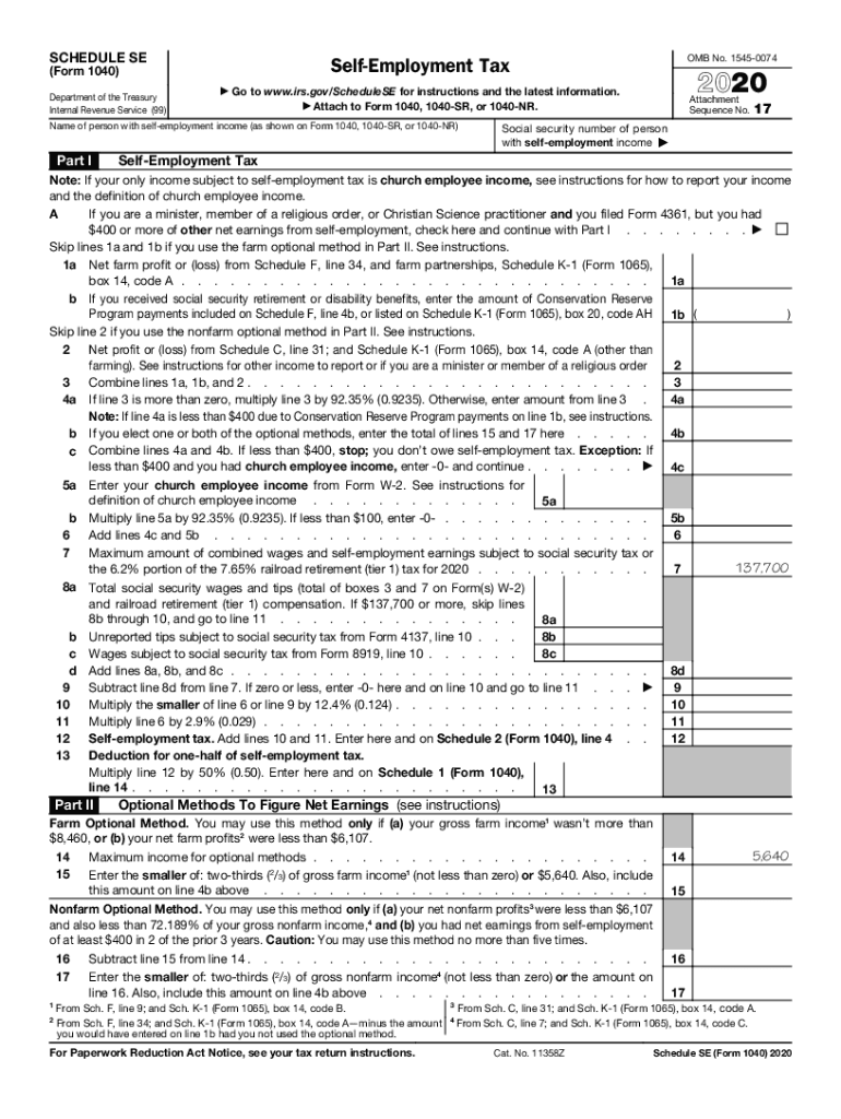 2020 Schedule SE (1040 form)