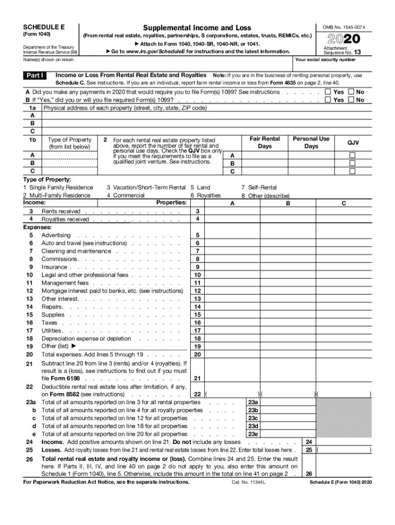  Schedule E Form 1040 Internal Revenue Service 2020