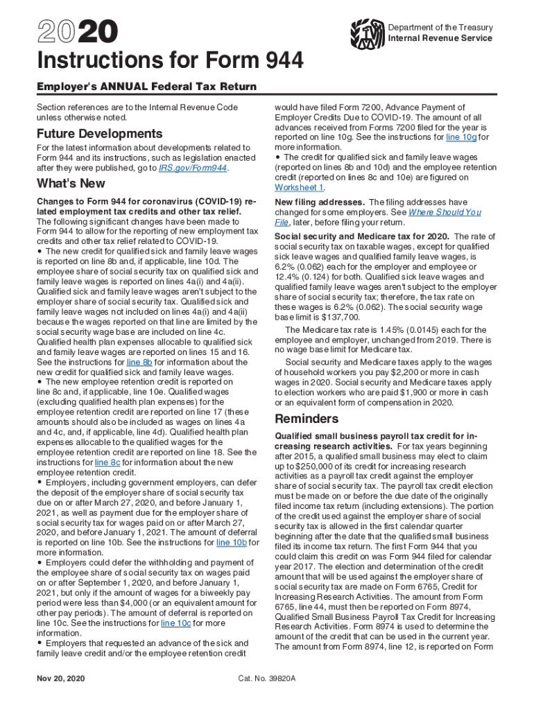 Instructions for Form 944 Instructions for Form 944, Employer's ANNUAL Federal Tax Return