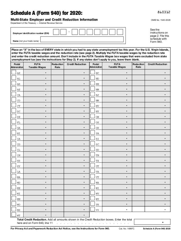  Schedule a Form 940 Multi State Employer and Credit Reduction Information 2020