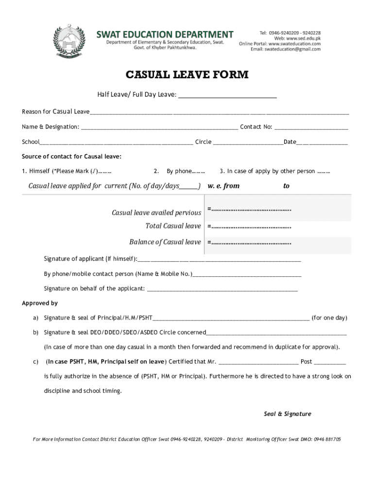 Casual Leave Form Education Department