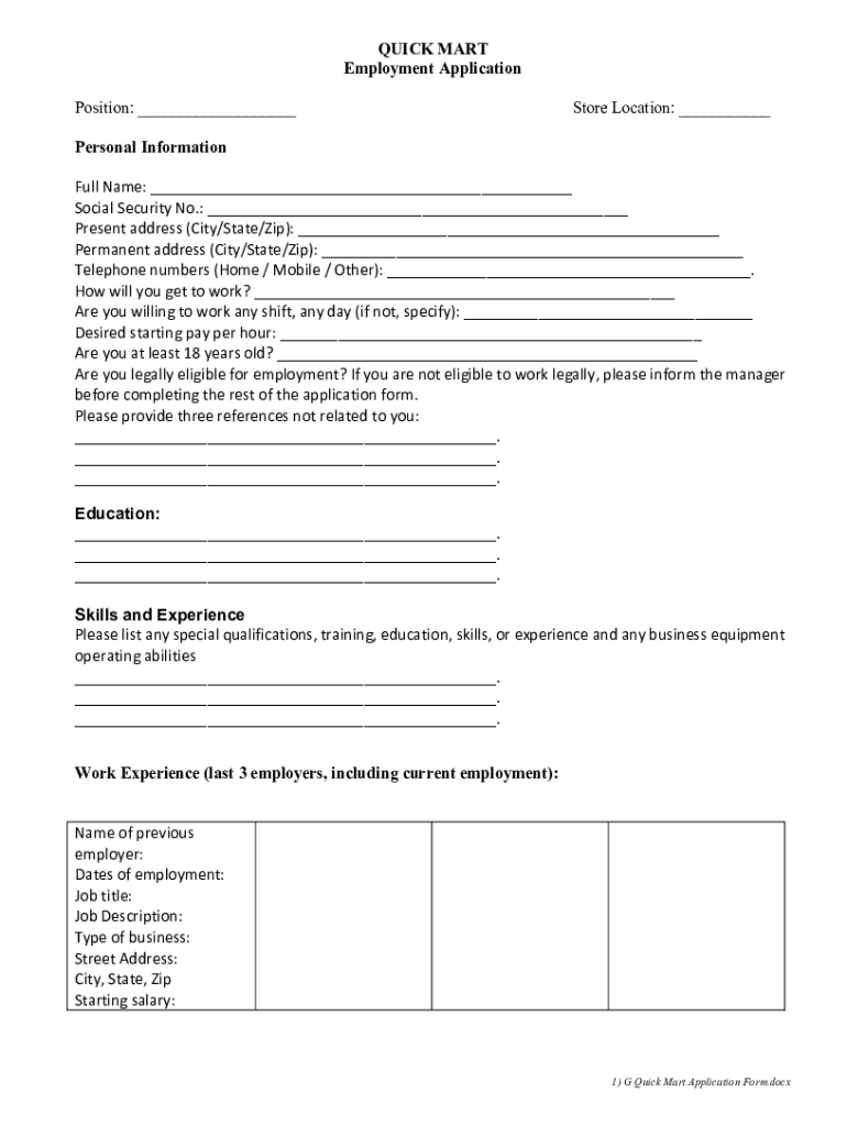 Quick Mart Job Application Form