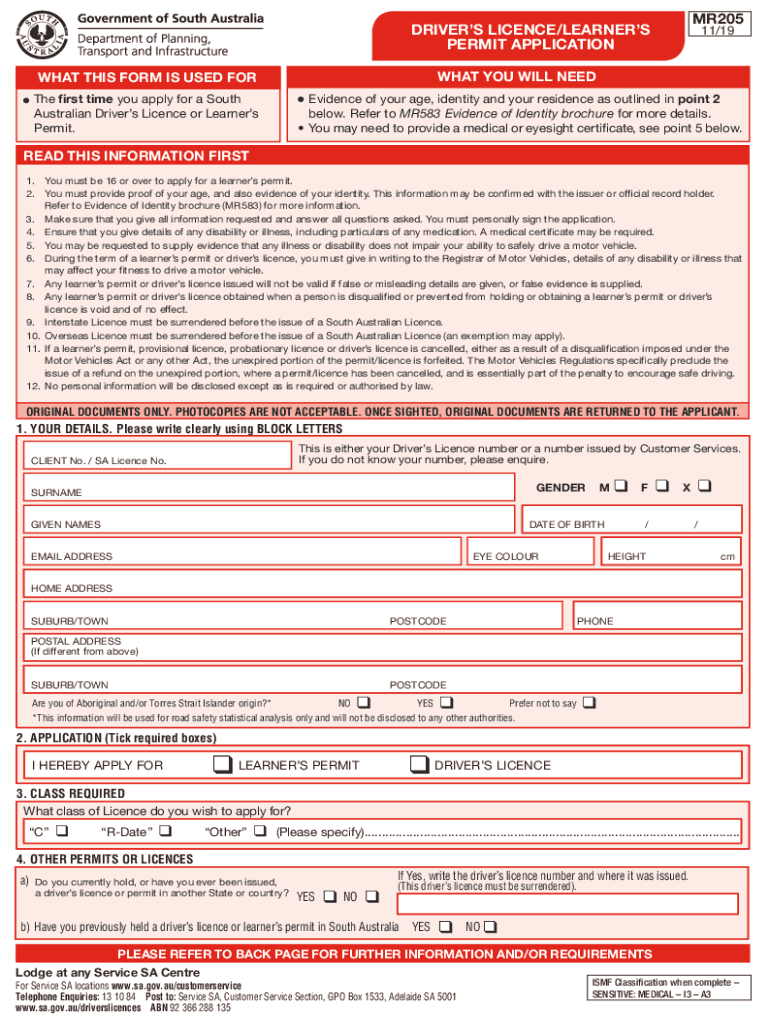  MR205 Driver's LicenceLearner's Permit Application SA Gov 2019-2024