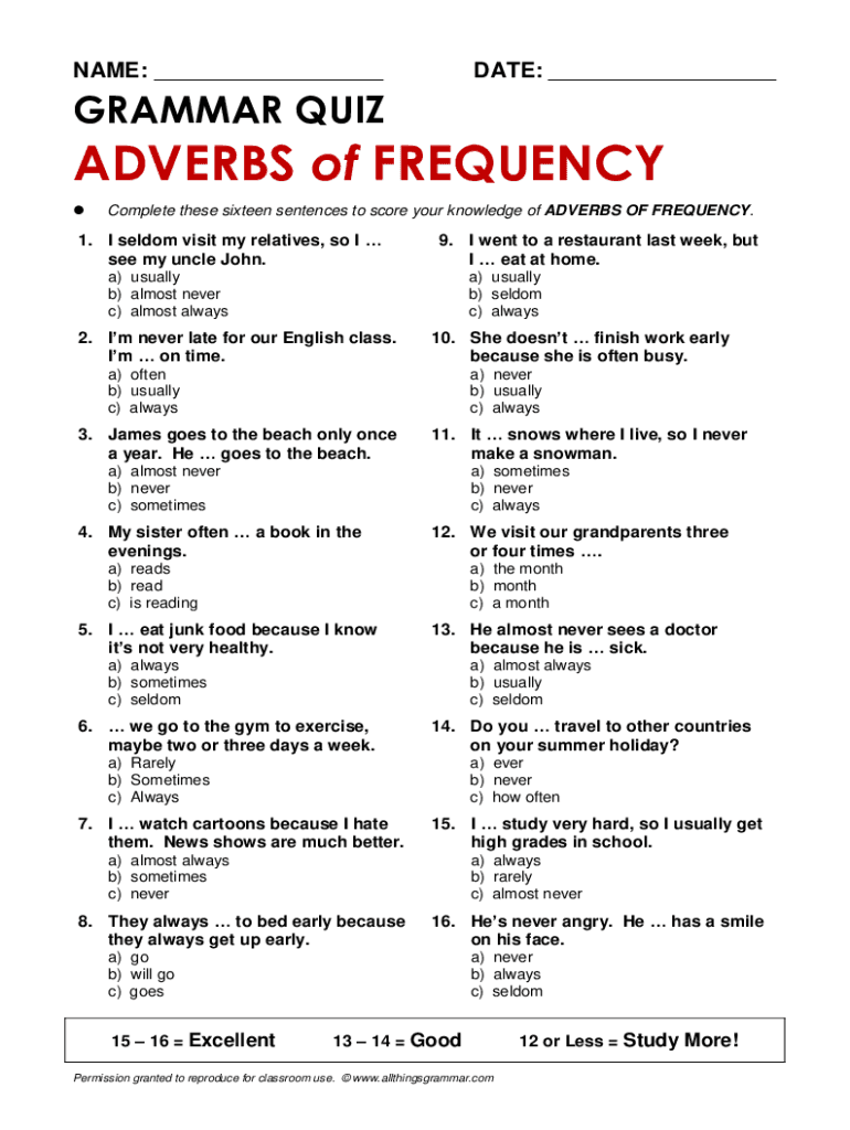 Adverbs of Frequency Quiz  Form