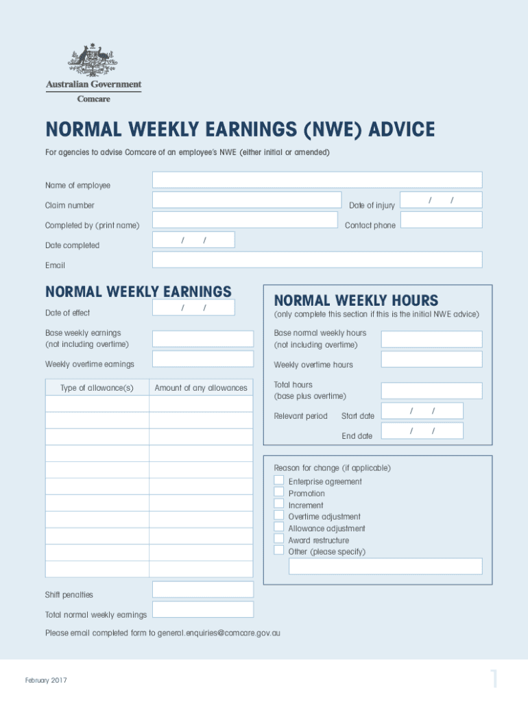 Normal Weekly Earnings Advice Form This Form Can Be Used by Agencies to Advise Comcare of an Employee's Normal Weekly Earnings