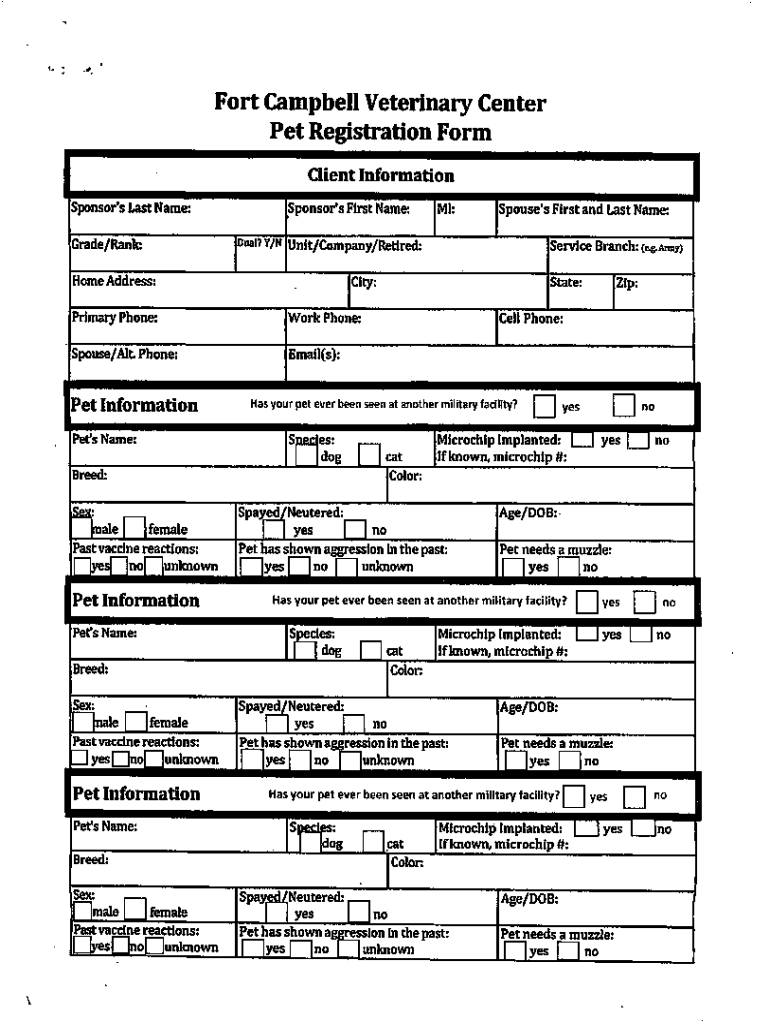 Fort Campbell Veterinary Center Pet Registration F  Form