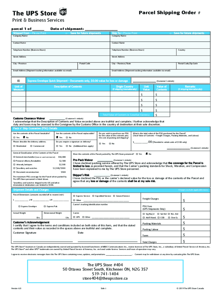 Electronic Parcel Shipping Order Form the UPS Store 404