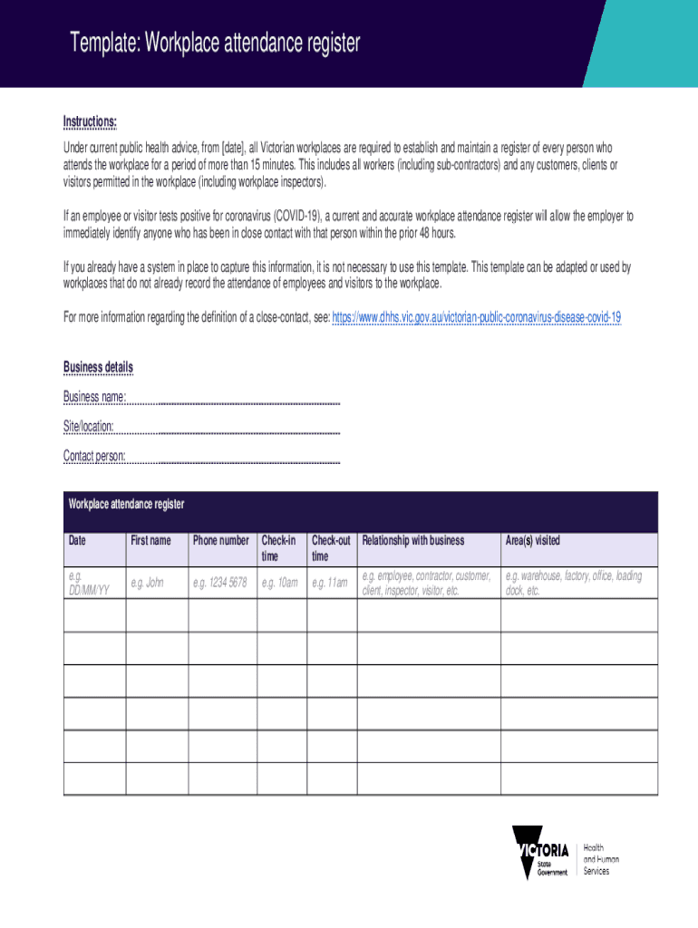 Template Workplace Attendance Register  Form