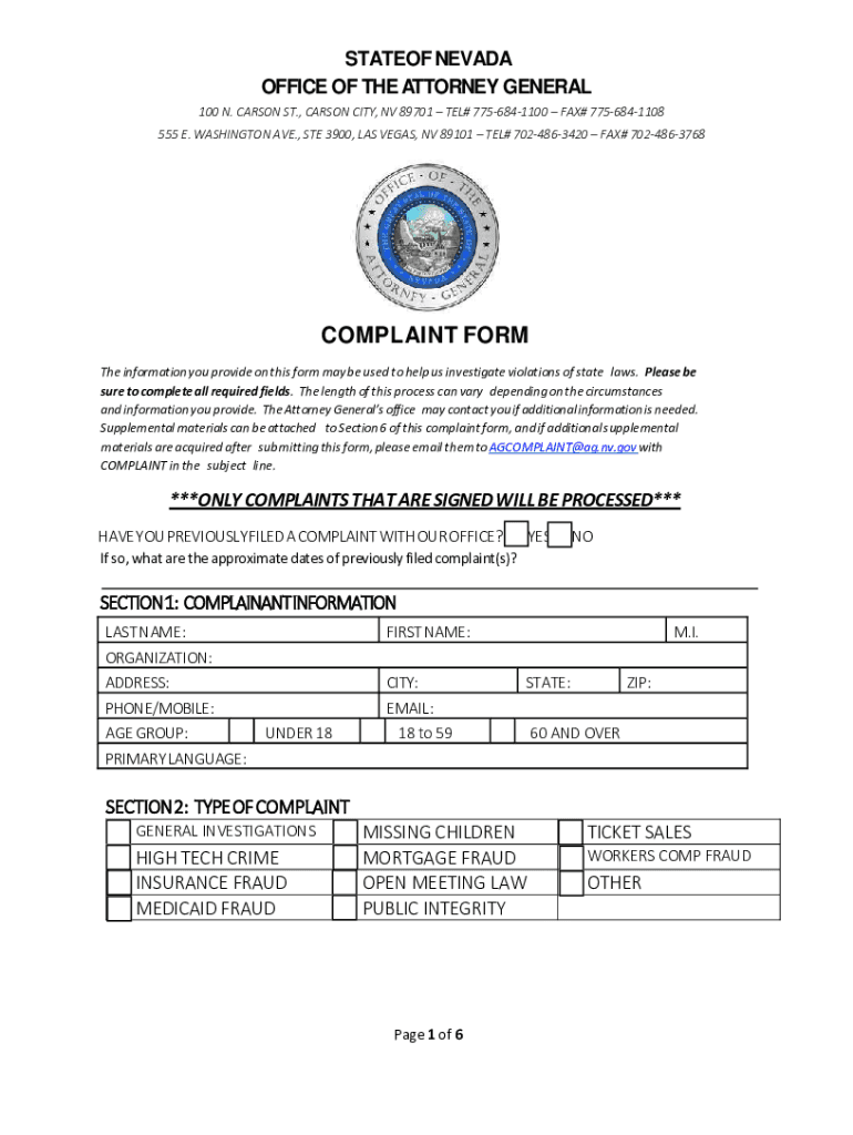  NV Complaint Form 2019-2024