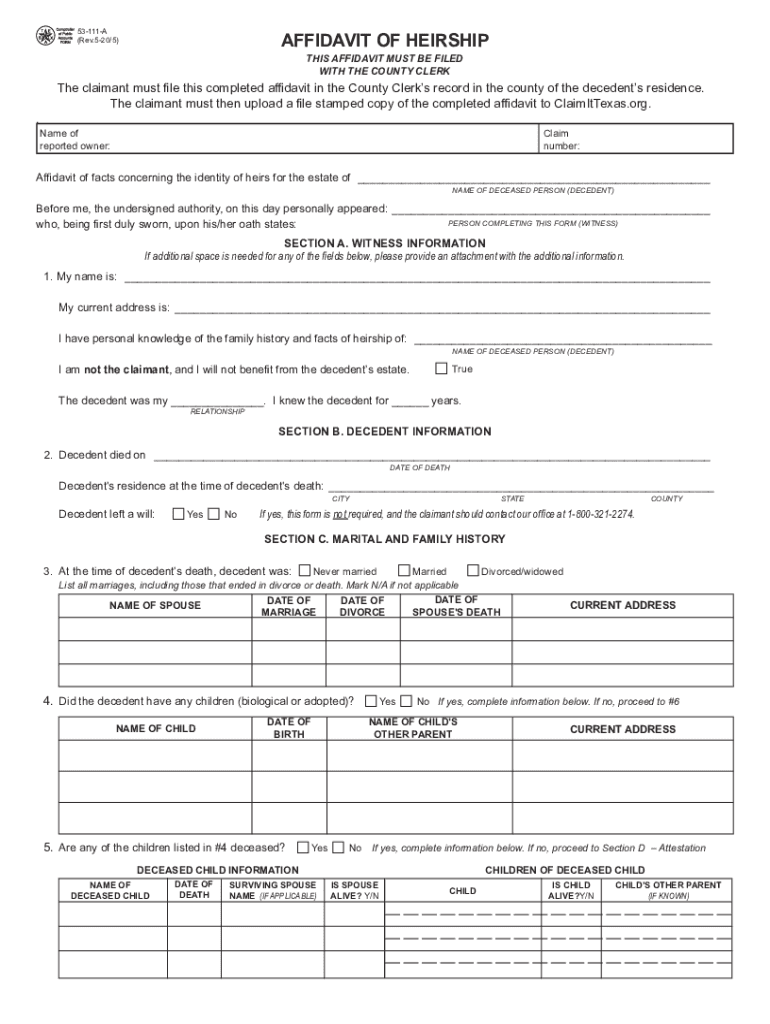 Affidavit of Heirship Form 53 111 a