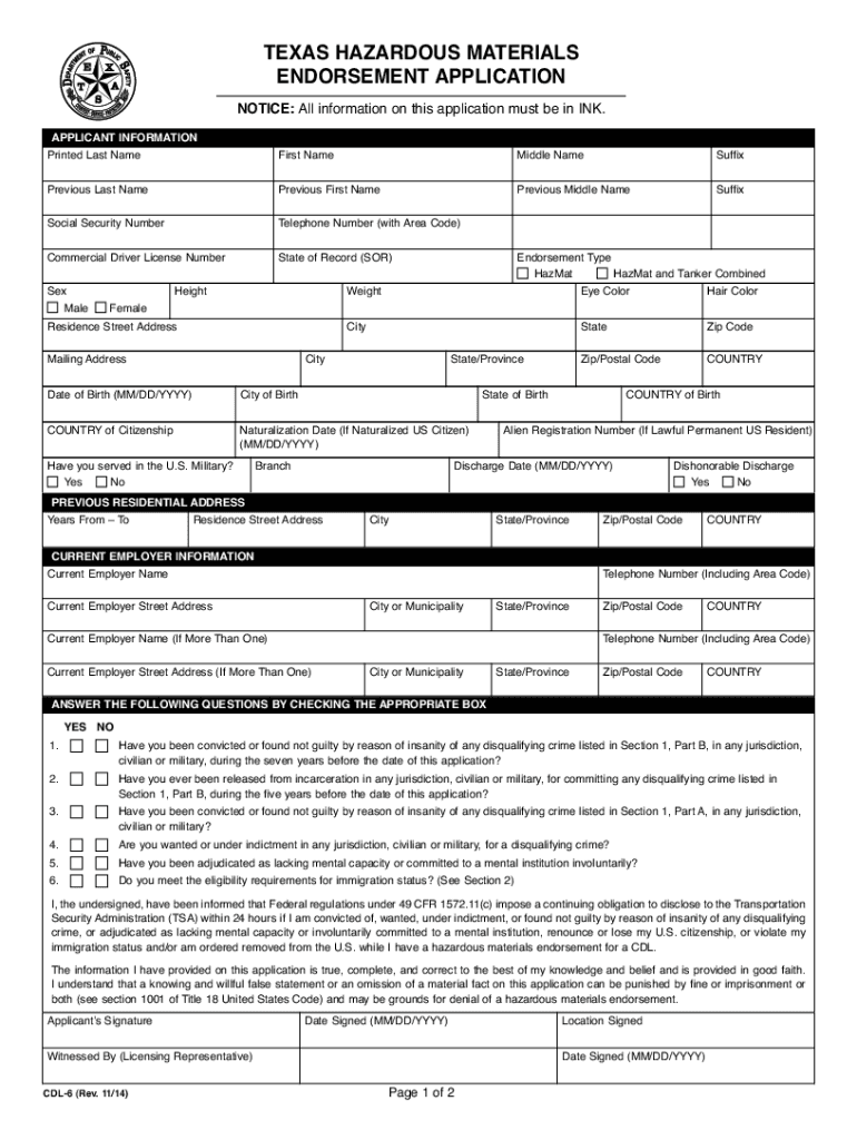  TEXAS HAZARDOUS MATERIALS ENDORSEMENT APPLICATIONA 2014-2024