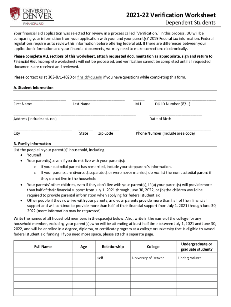 22 Verification Worksheet University of Denver  Form