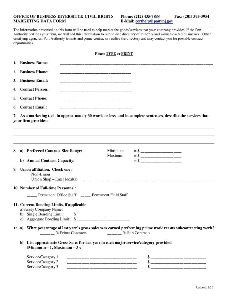  395 3954 MARKETING DATA FORM Phone 2020-2024