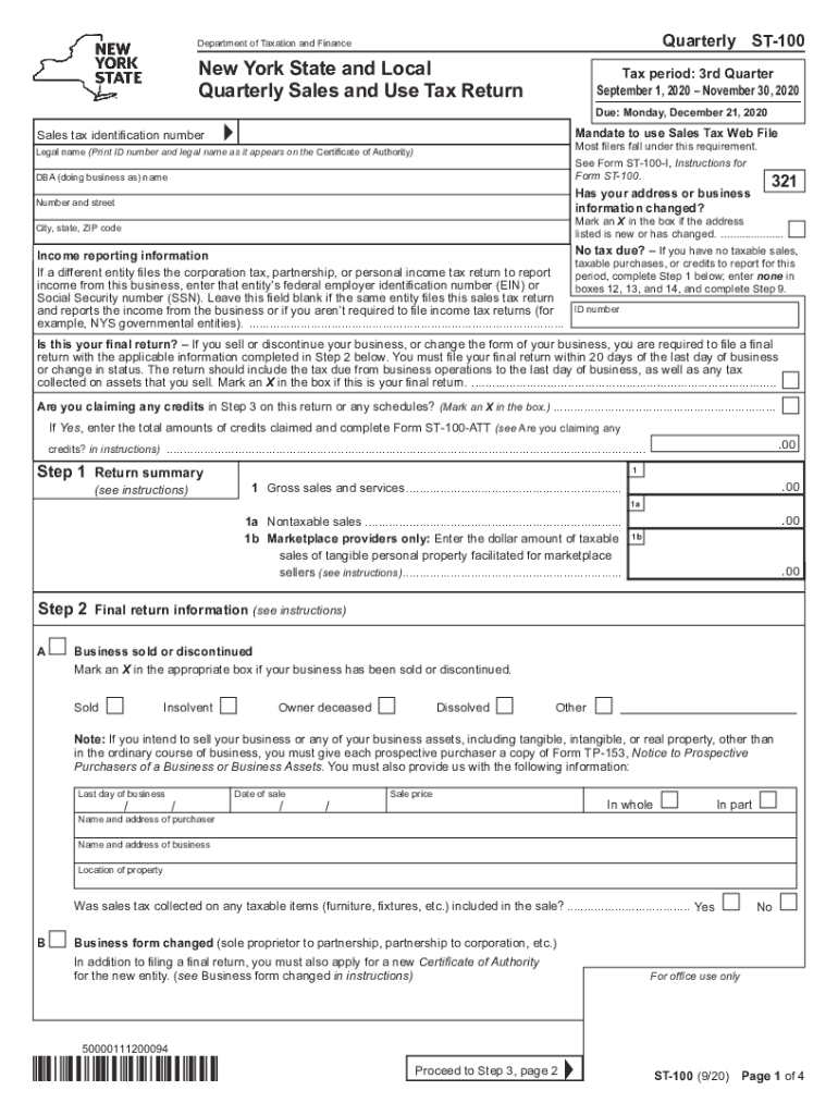  Form ST 100 New York State and Local Quarterly Sales and Use Tax Return Revised 920 2020