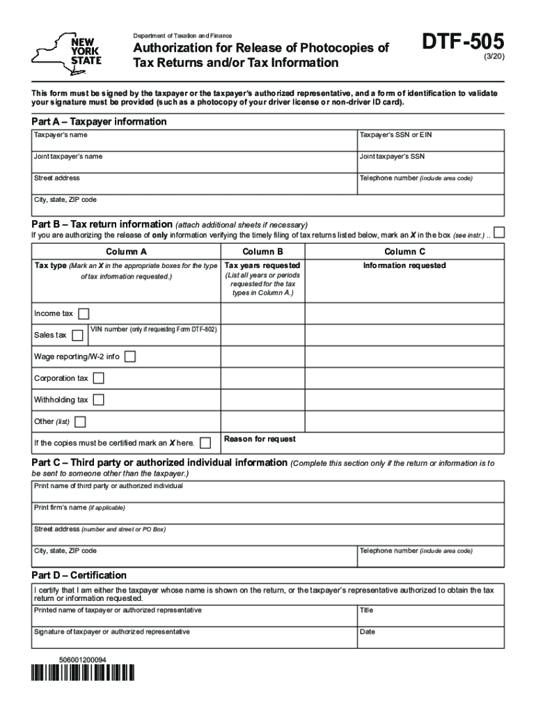  PDF Form DTF 505320Authorization for Release of Photocopies of Tax 2020-2023