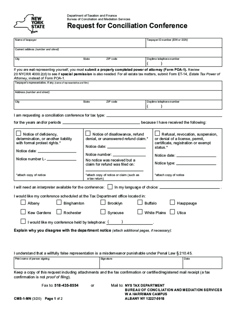  Fillable Online Form CMS 1 MN315Request for Conciliation 2020