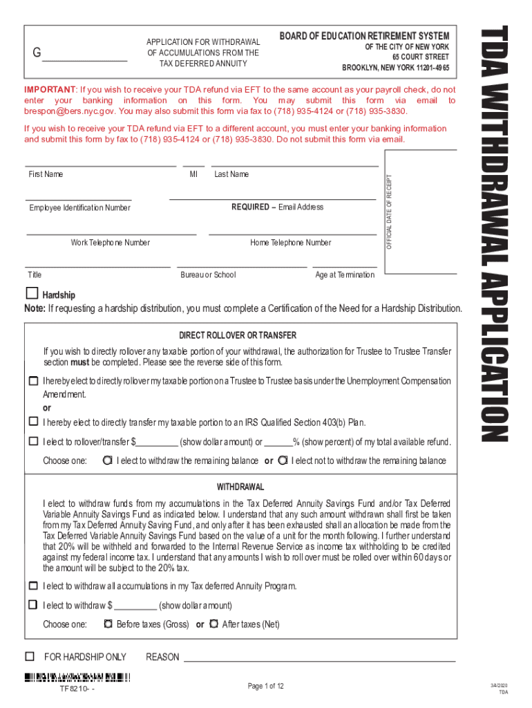 Get and Sign Tda Withdraw Al Application NYC Board of Education 2020-2022 Form