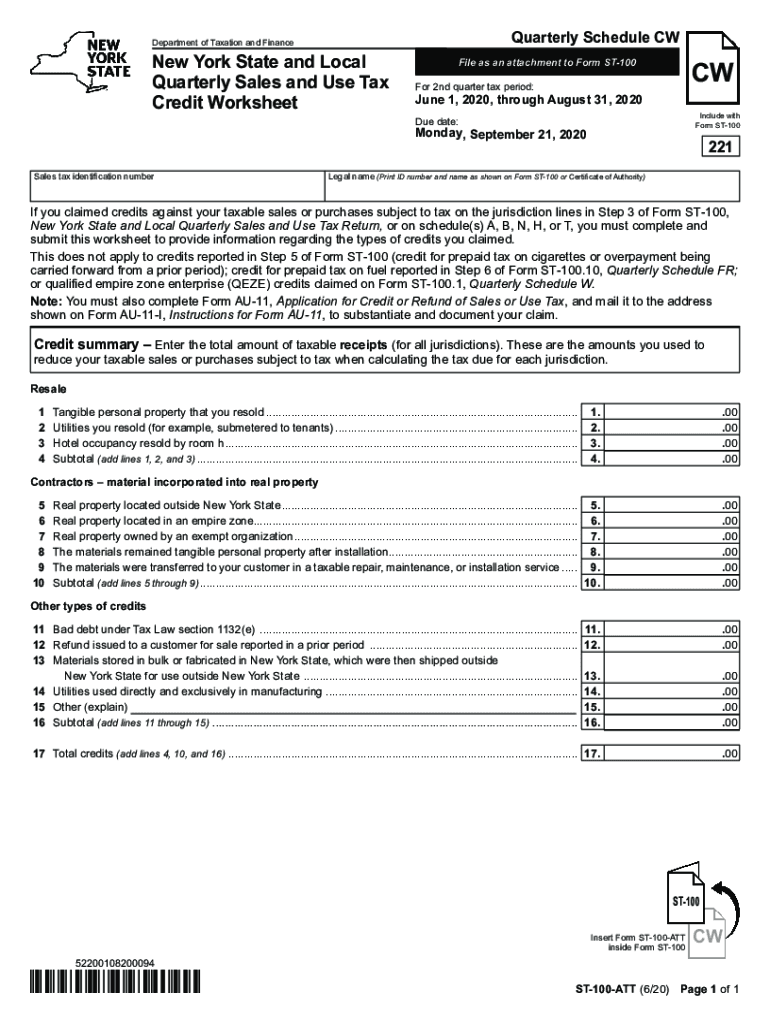  Form ST 100 ATT New York State and Local Quarterly Sales and Use Tax Credit Worksheet Revised 620 2020