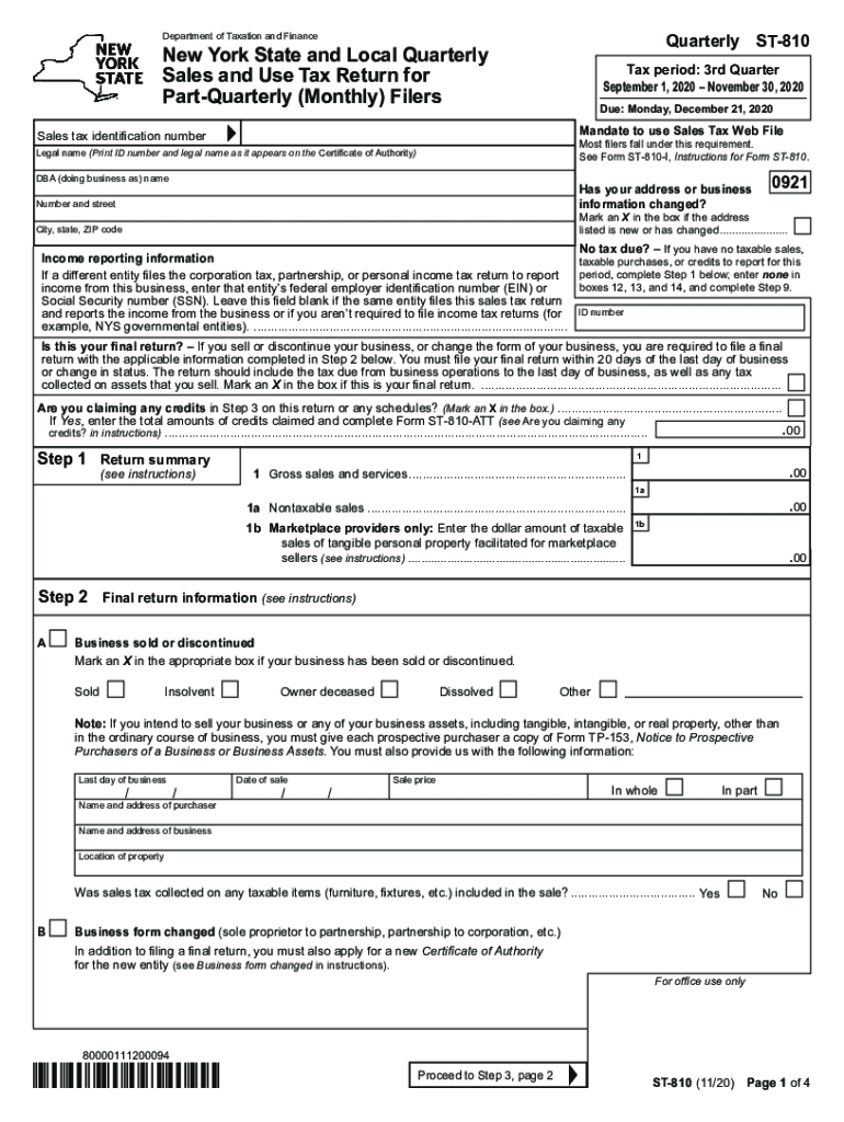 Get and Sign Form ST 810 New York State and Local Quarterly Sales and Use Tax Return for Part Quarterly Filers Revised 1120 2020-2022