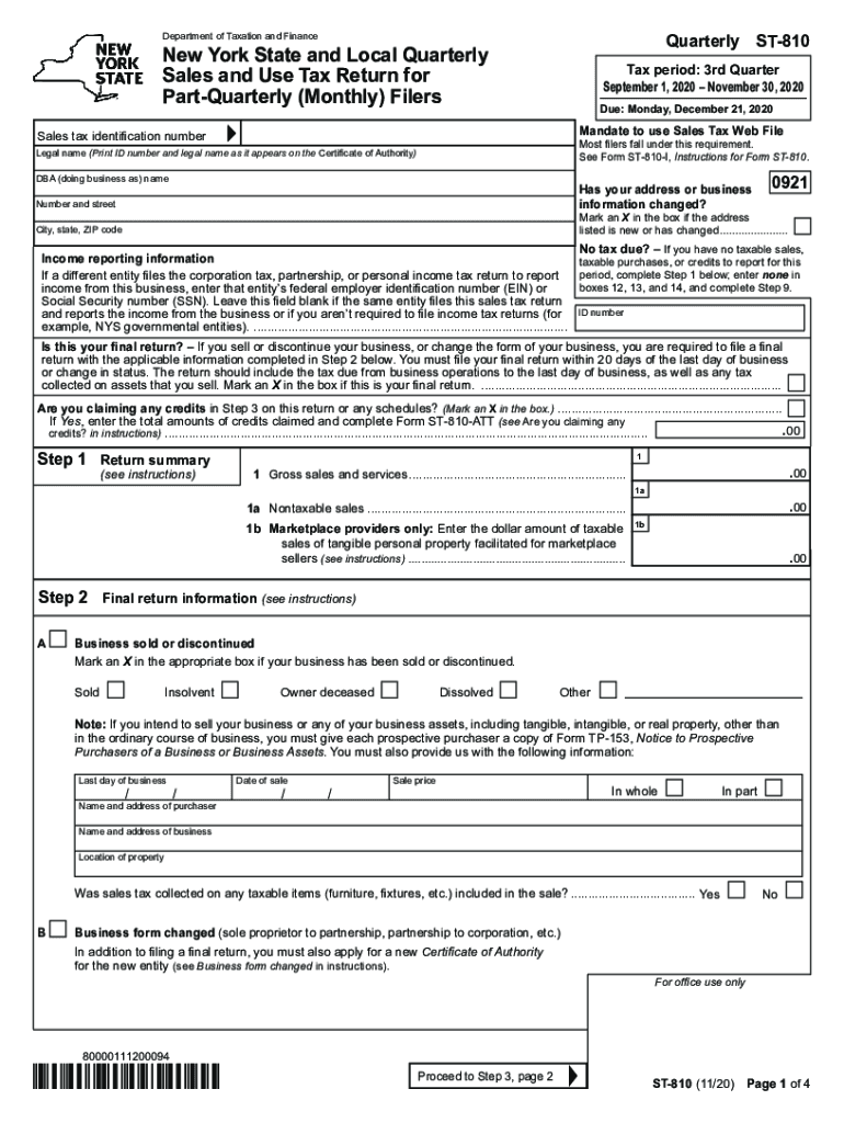  Form ST 810 New York State and Local Quarterly Sales and Use Tax Return for Part Quarterly Filers Revised 1120 2020