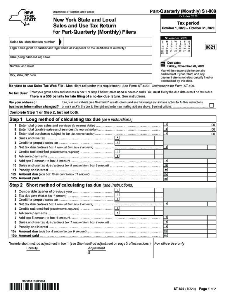  Form ST 809 New York State and Local Sales and Use Tax Return for Part Quarterly Monthly Filers Revised 1020 2020