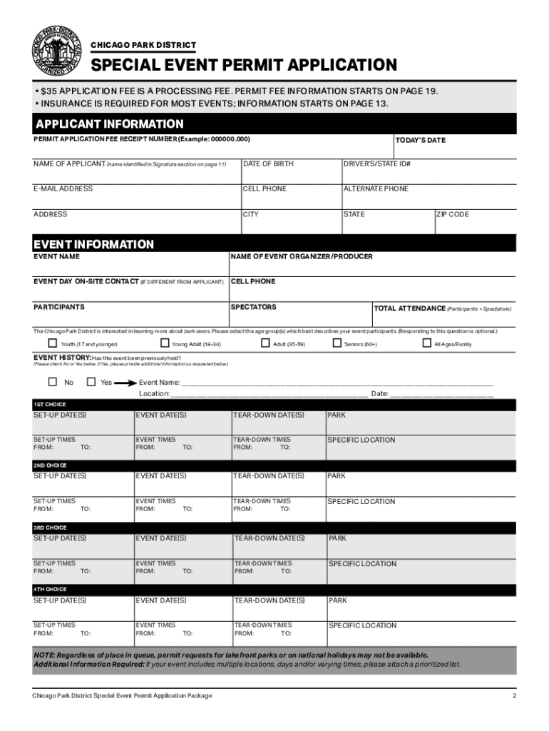 PDF Special Event Permit Application Chicago Park District  Form