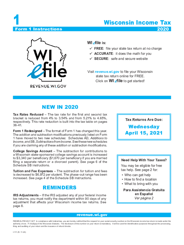  I 111 Form 1 Instructions Wisconsin Income Tax 2020