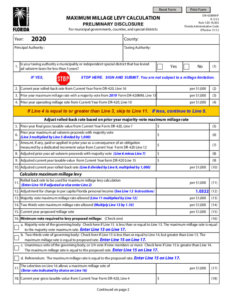 Get and Sign Maximum Millage Levy Calculation Florida Department of 2018-2022 Form