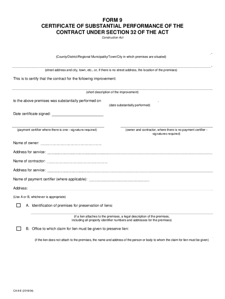 Form 9 Substantial Completion