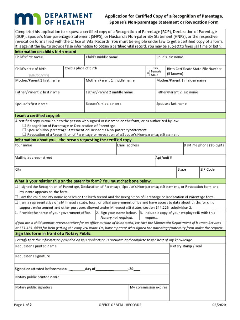  Application for Certified Parentage, Non Parentage or Revocation Forms ROP, DOP, SNPS, HNPS, Revocations of Same 2020