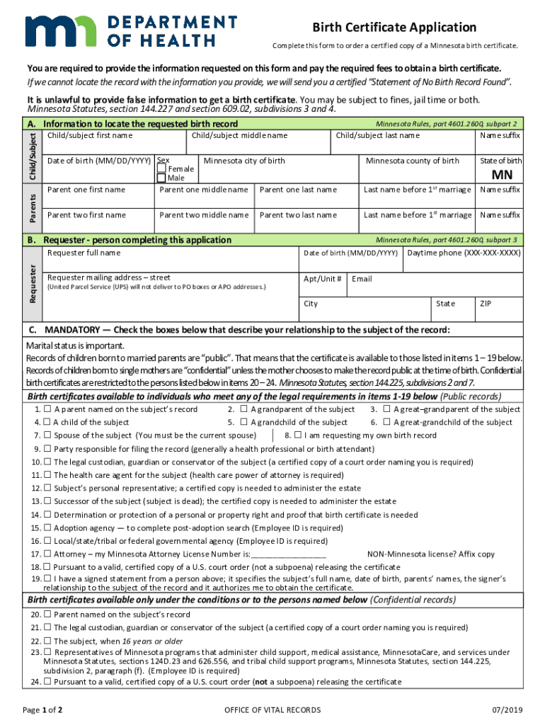  Birth Certificate Request Nicollet County 2019-2024