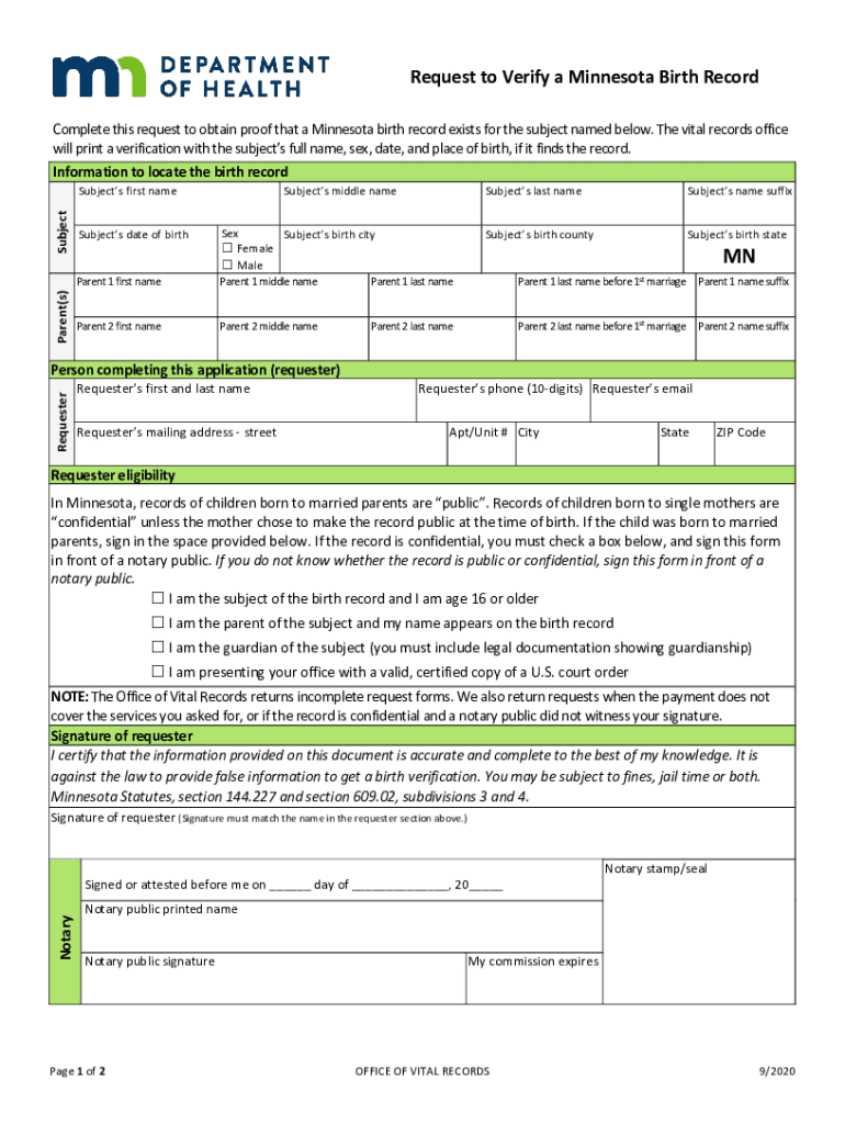  Request to Verify a Minnesota Birth Record 2020-2024