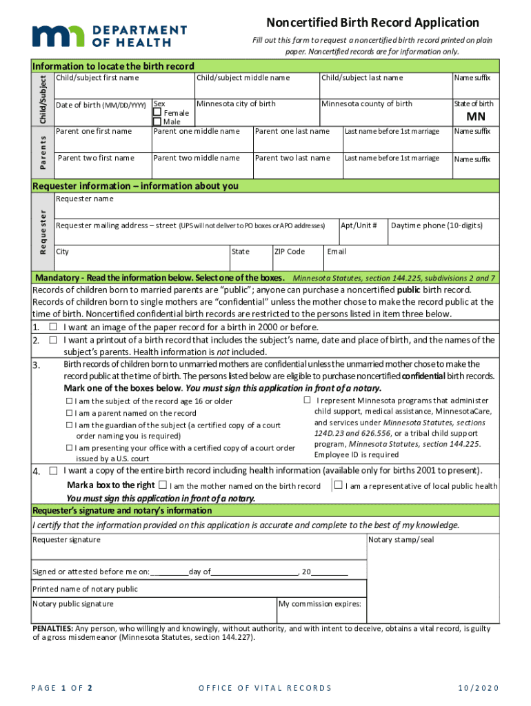 Get and Sign PDF Noncertified Birth Record Application PDF Minnesota Department 2020-2022 Form