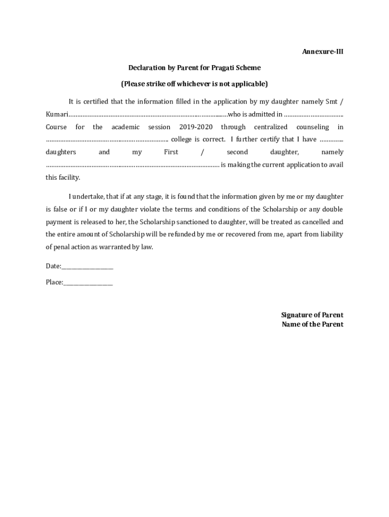 Parent Declaration Form for Pragati Scholarship 21
