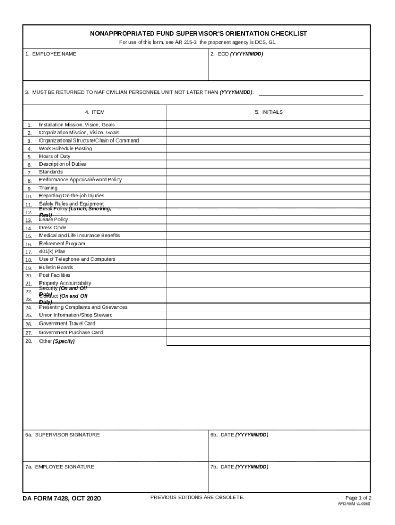 NONAPPROPRIATED FUND SUPERVISOR&#039;S ORIENTATION CHECKLIST DA FORM 7428, OCT