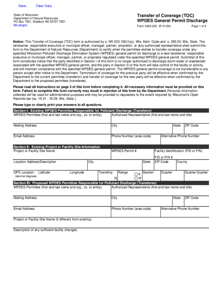  Form 3400 222 Transfer of Coverage TOC WPDES General Permit Discharge 2020