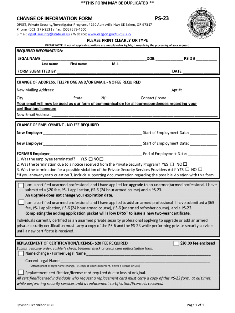 CHANGE of INFORMATION FORM PS 23