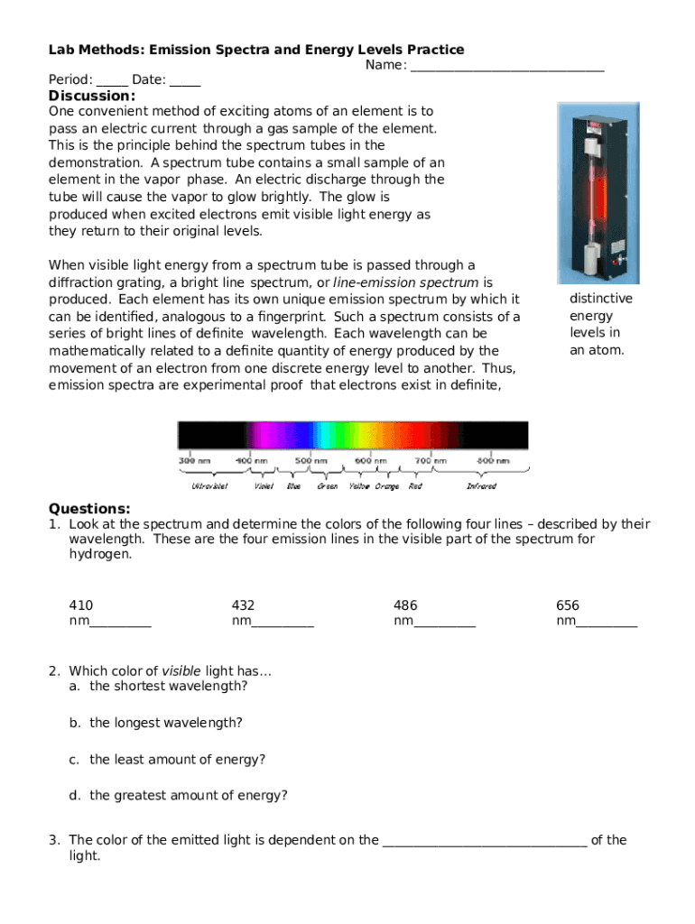 Emission Spectra and Energy Levels Worksheet Answers  Form