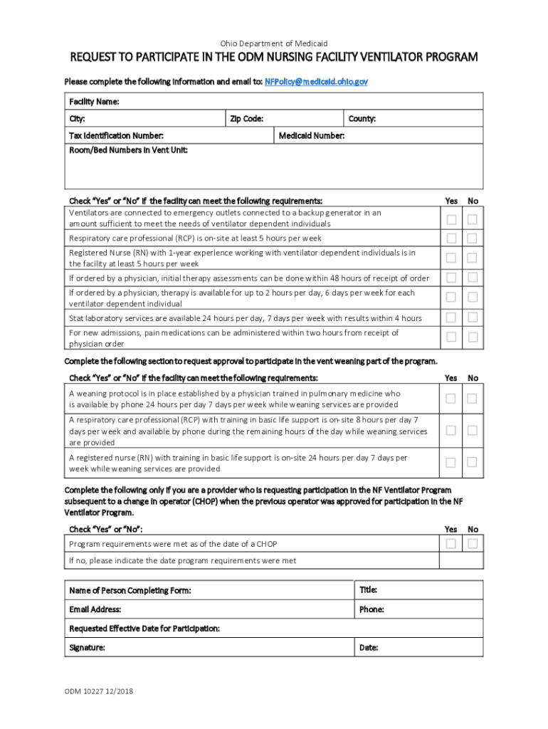 REQUEST to PARTICIPATE in the ODM NURSING FACILITY VENTILATOR PROGRAM  Form