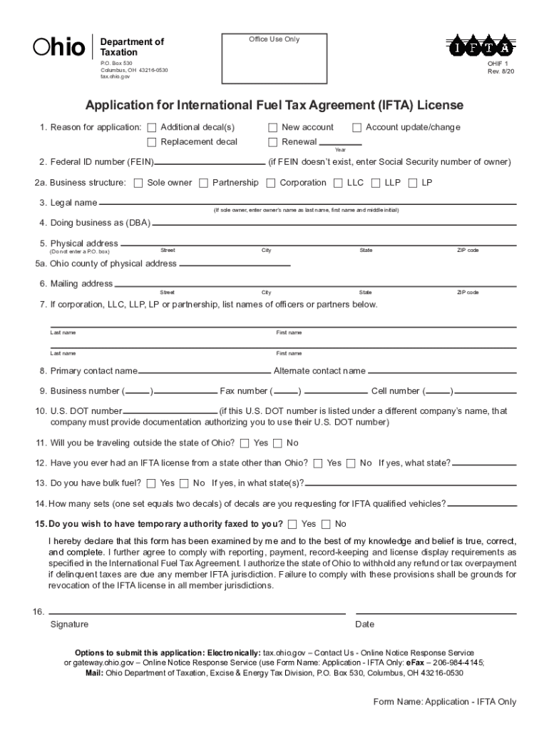  Application for International Fuel Tax Agreement IFTA Ohio 2020