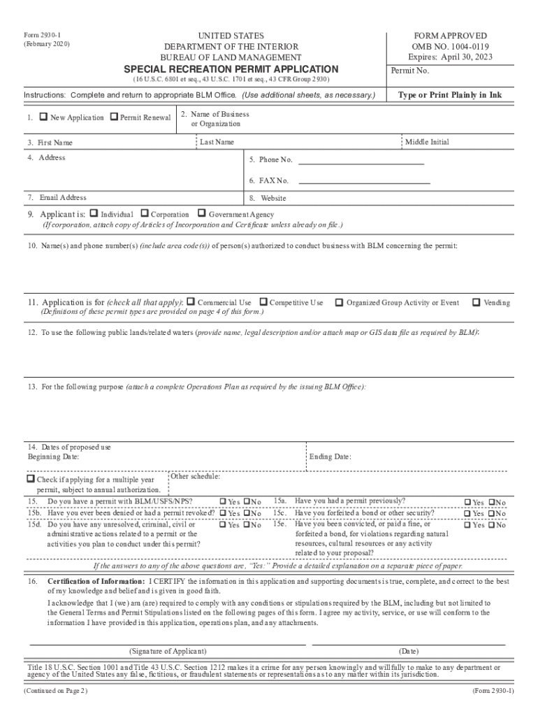  2930 001, Special Recreation Permit Application Special Recreation Permit Application 2020-2024