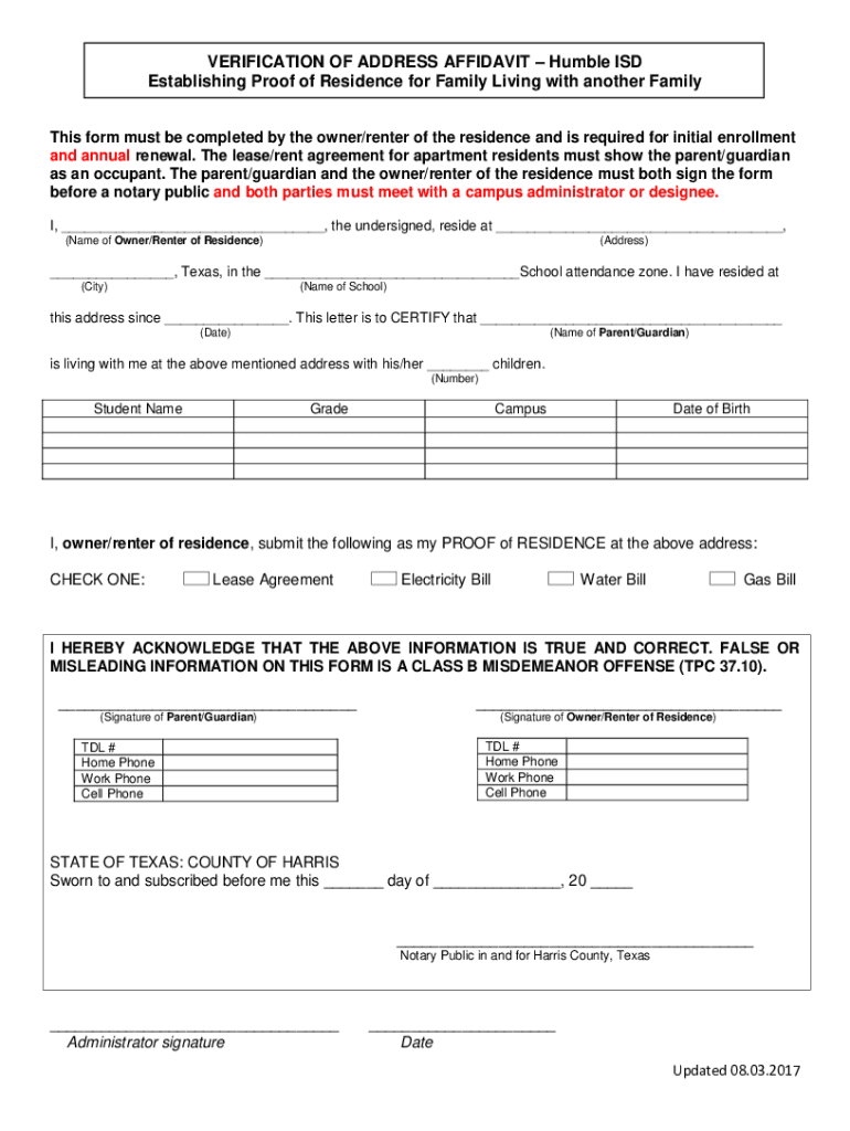  Humble Isd Address Affidavit 2017-2024