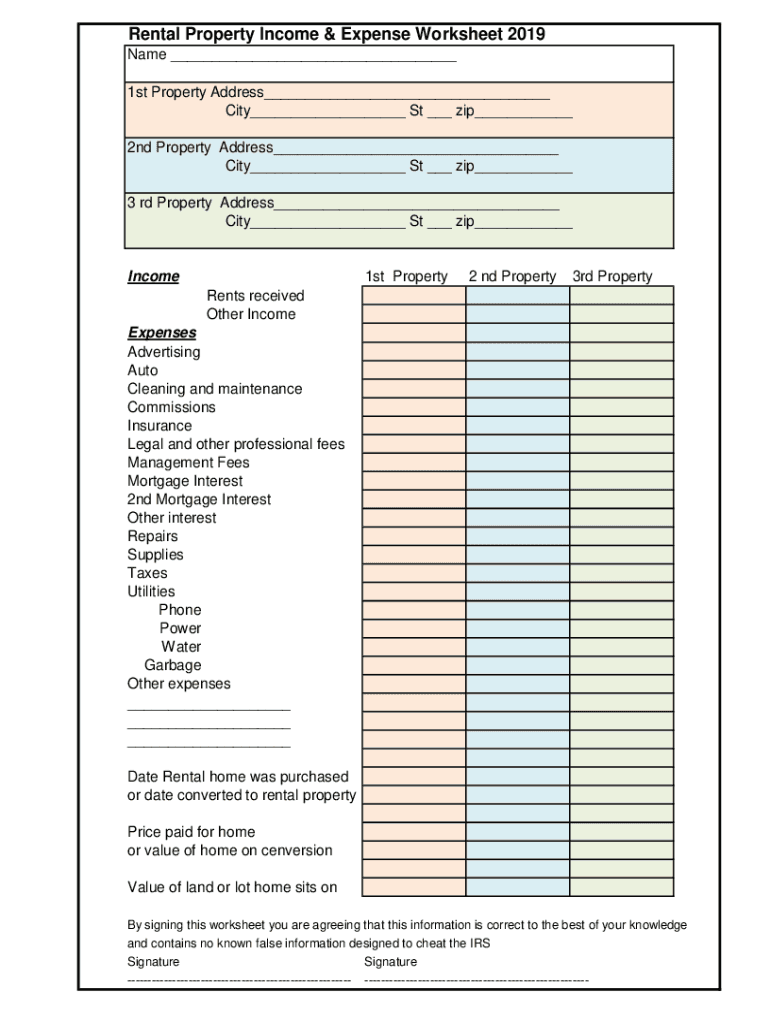  Rental Income and Expense Worksheet PDF 2019